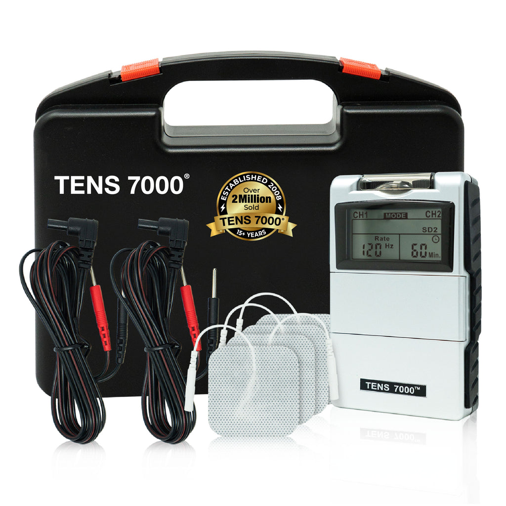 TENS 7000 digital unit with electrode pads and lead wires