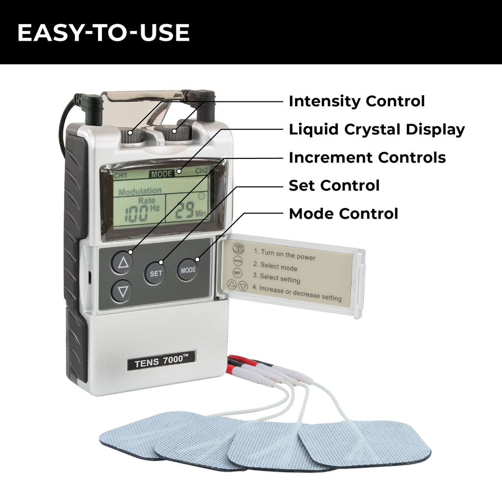 The TENS 7000 unit with its control panel showing the display, intensity and mode controls